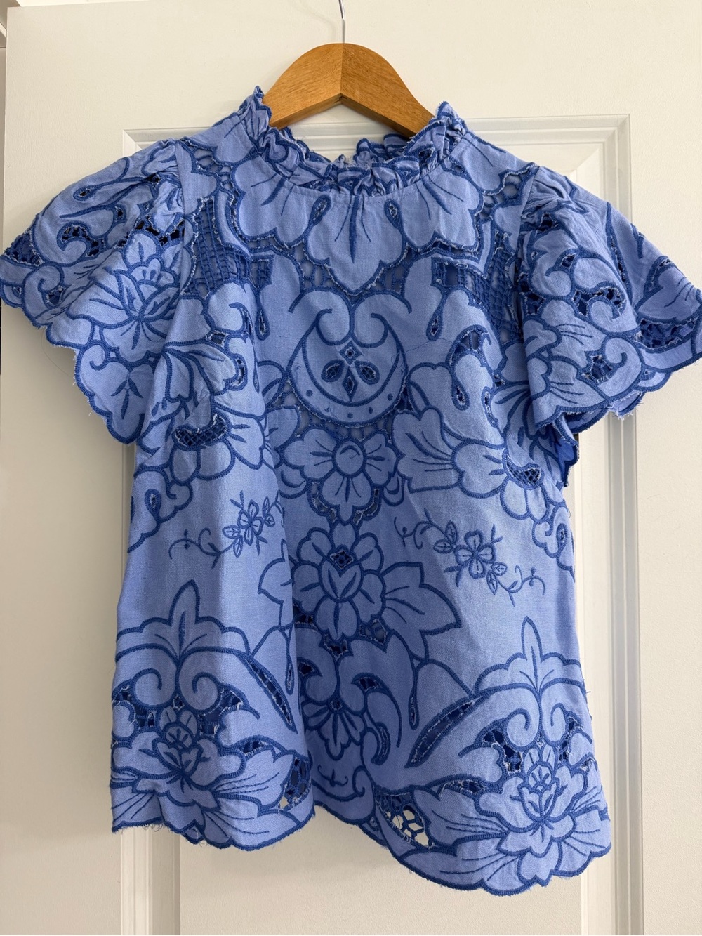 Anthropologie Maeve Blue Embroidered Flutter Sleeve Top